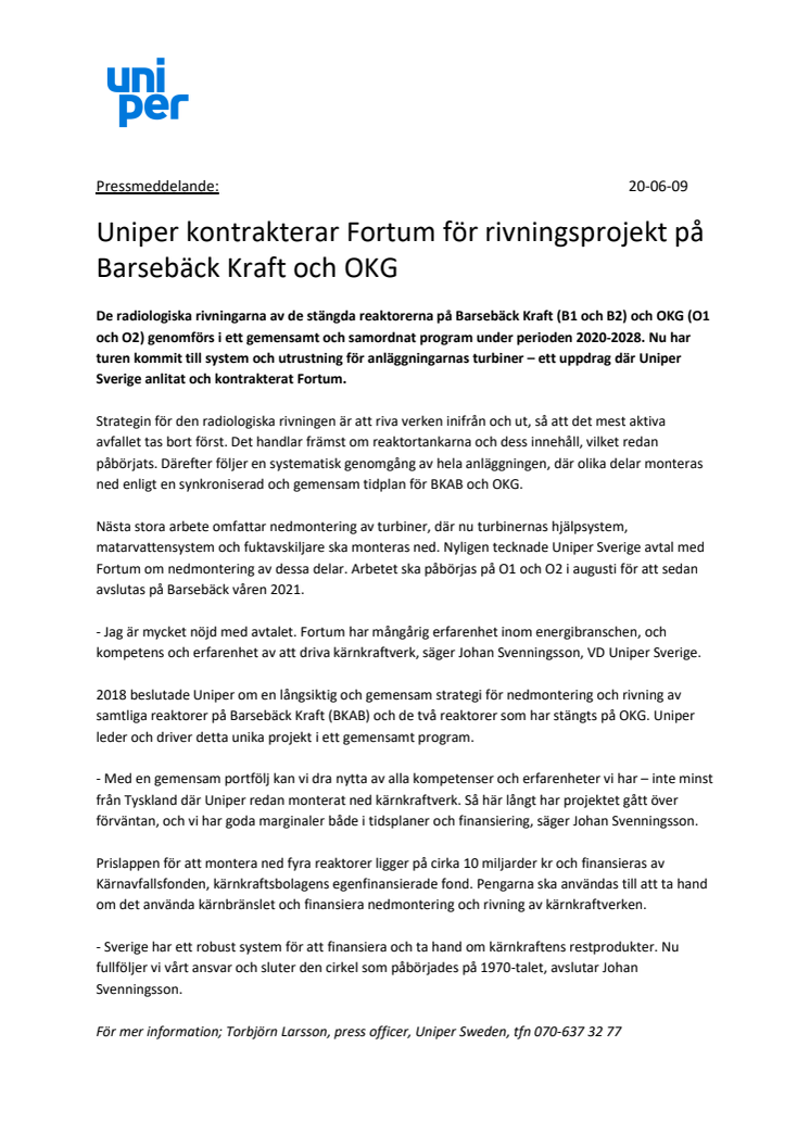 Uniper kontrakterar Fortum för rivningsprojekt på Barsebäck Kraft och OKG 