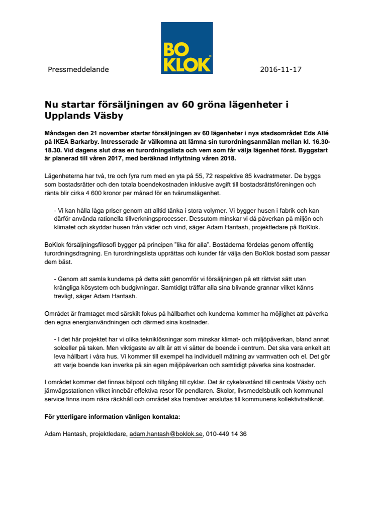 Nu startar försäljningen av 60 gröna lägenheter i Upplands Väsby