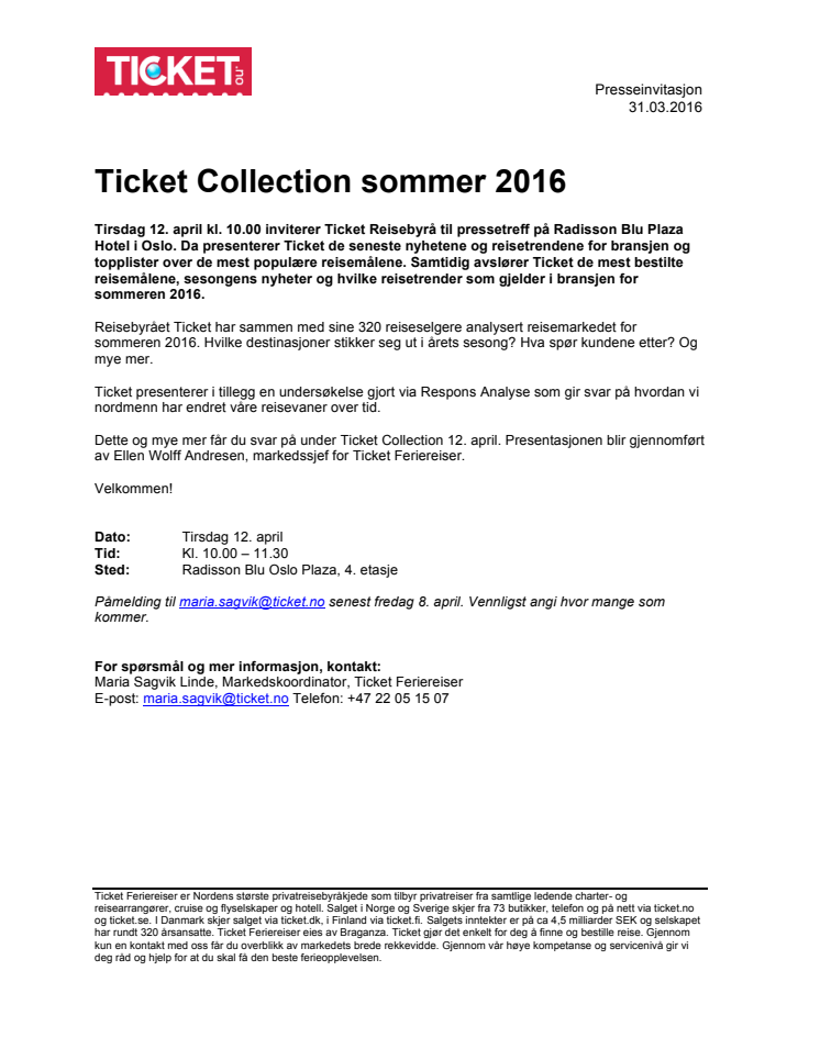 Invitasjon til pressetreff: Ticket Collection sommer 2016
