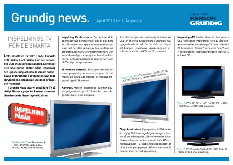 Smart inspelning och äkta färg-TV i Grundig News nr 1 2010