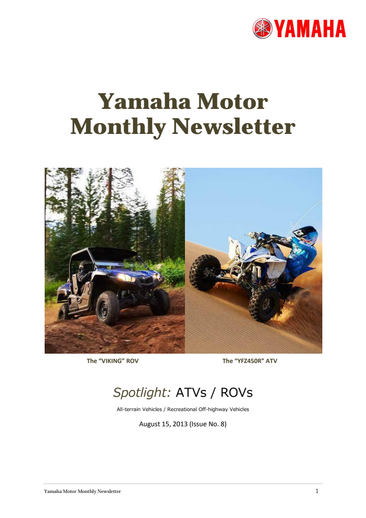 Yamaha Motor Monthly Newsletter No.8(Aug.2013) ATVs / ROVs