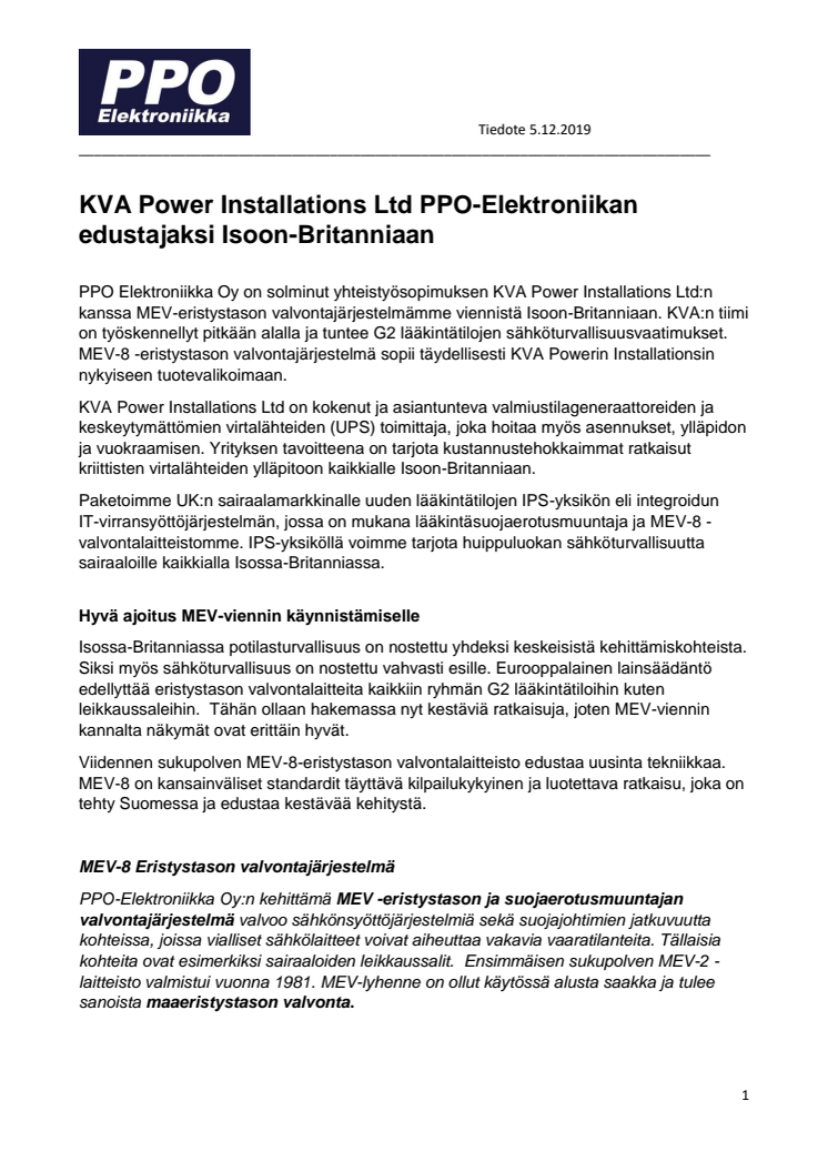 Tiedote 5.12.2019: KVA Power Installations Ltd PPO-Elektroniikan edustajaksi Isoon-Britanniaan