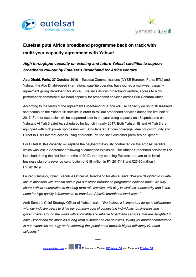 Eutelsat puts Africa broadband programme back on track with  multi-year capacity agreement with Yahsat