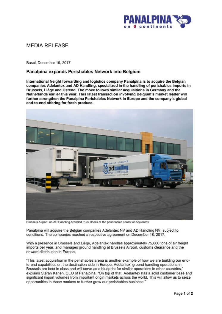Panalpina expands Perishables Network into Belgium