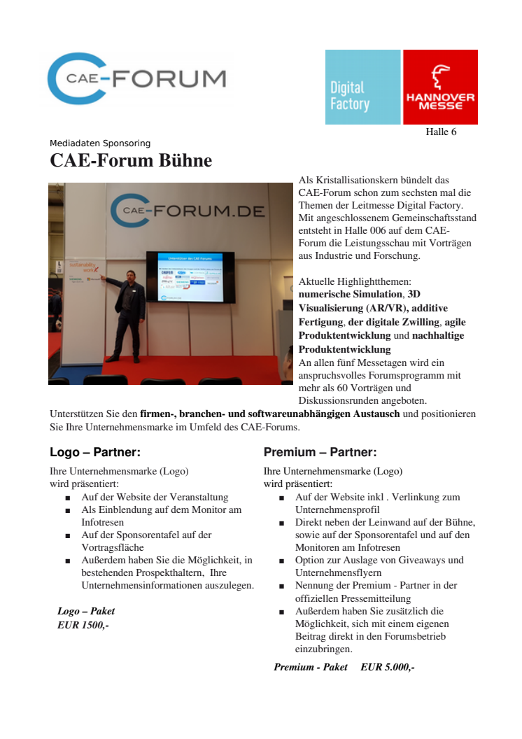 Sponsoring der CAE-Forum Gemeinschaftsstands Bühne  auf der Hannover Messe 2018