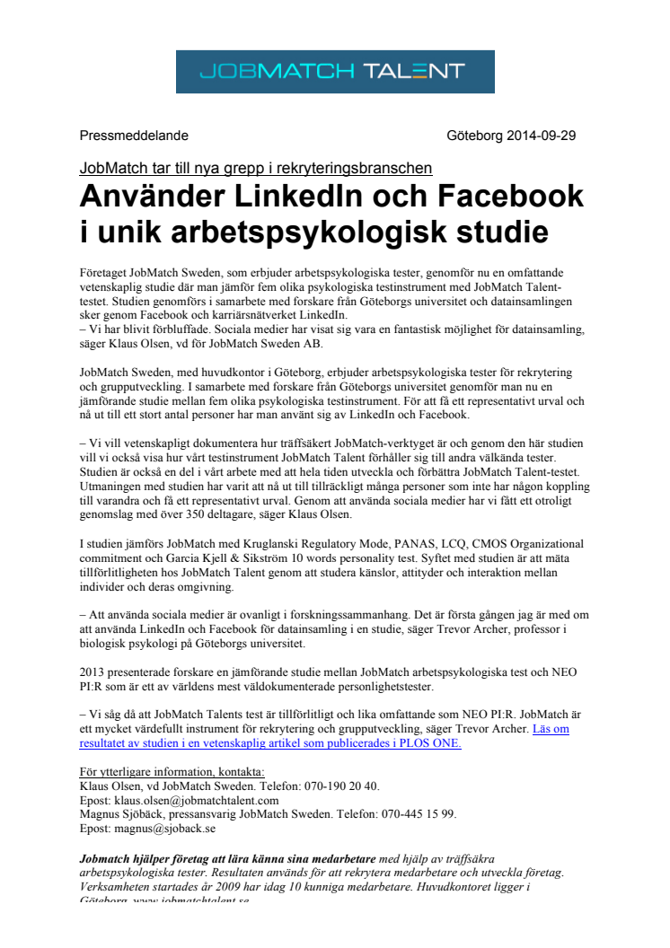 JobMatch tar till nya grepp i rekryteringsbranschen –  Använder LinkedIn och Facebook i unik arbetspsykologisk studie  