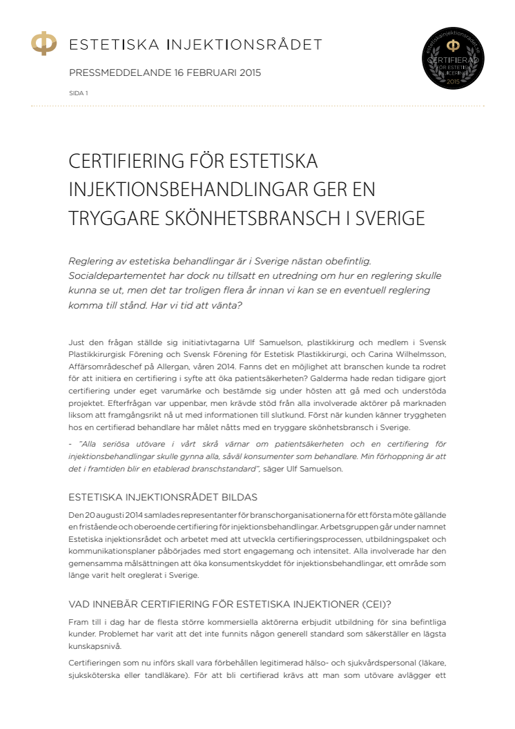 CERTIFIERING FÖR ESTETISKA INJEKTIONSBEHANDLINGAR GER EN TRYGGARE SKÖNHETSBRANSCH I SVERIGE