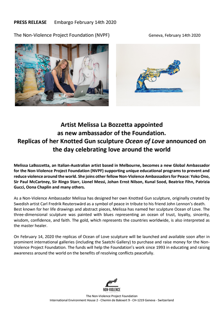 Replicas of Melissa La Bozzetta's Knotted Gun sculpture "Ocean of Love" announced on the day celebrating love around the world