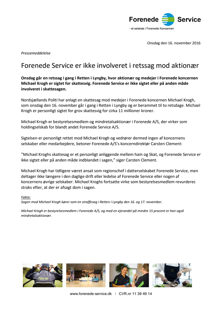 Forenede Service er ikke involveret i retssag mod aktionær 