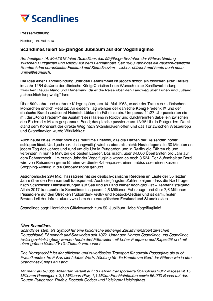 Scandlines feiert 55-jähriges Jubiläum auf der Vogelfluglinie