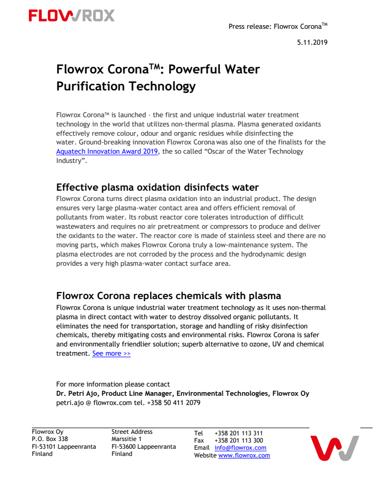 Flowrox Plasma Oxidizer: Powerful Water Purification Technology