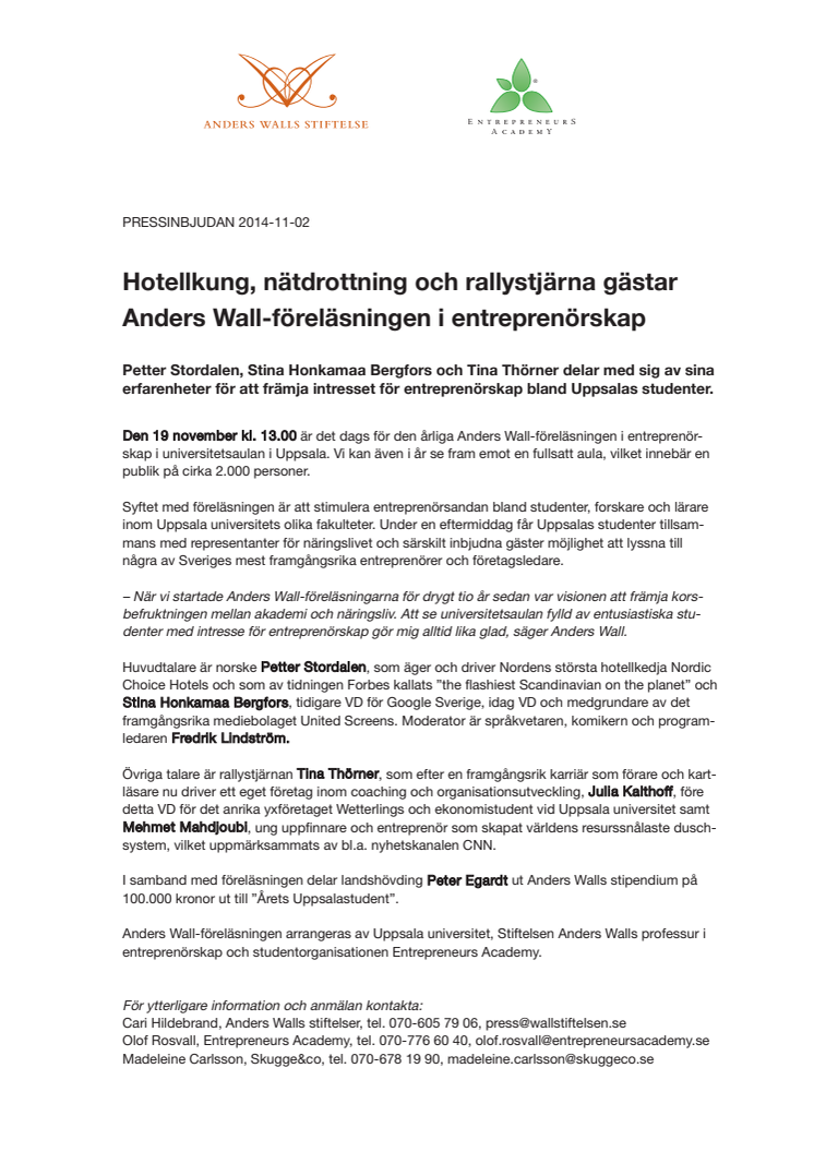 Hotellkung, nätdrottning och rallystjärna gästar Anders Wall-föreläsningen i entreprenörskap