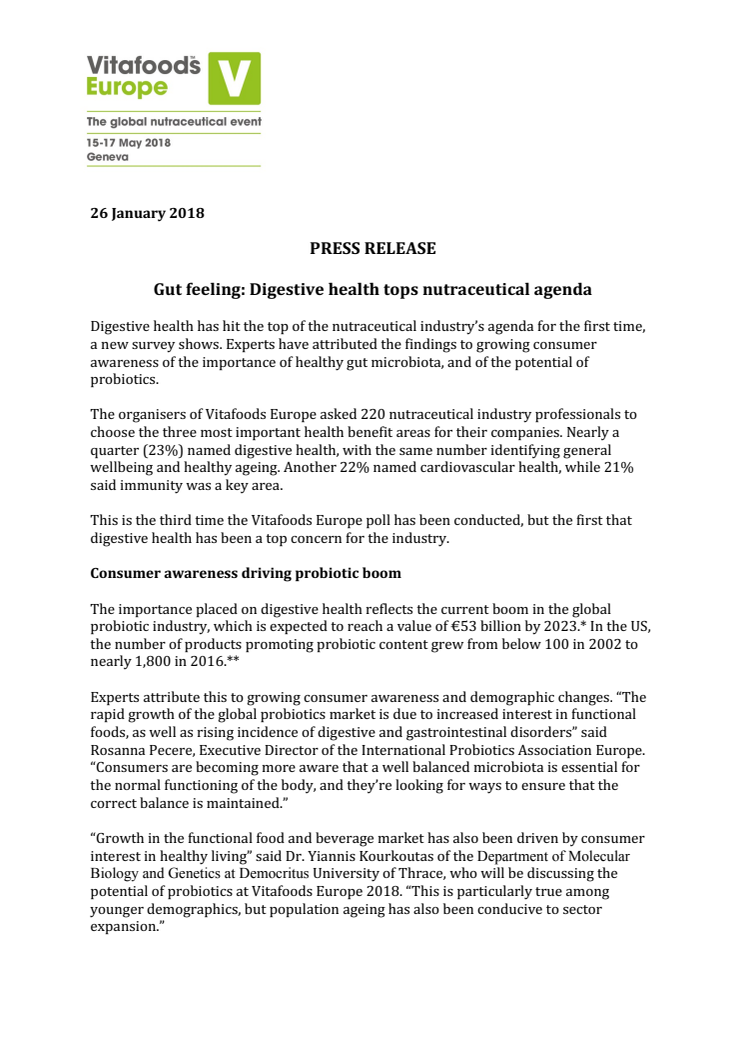 PRESS RELEASE:  Gut feeling: Digestive health tops nutraceutical agenda