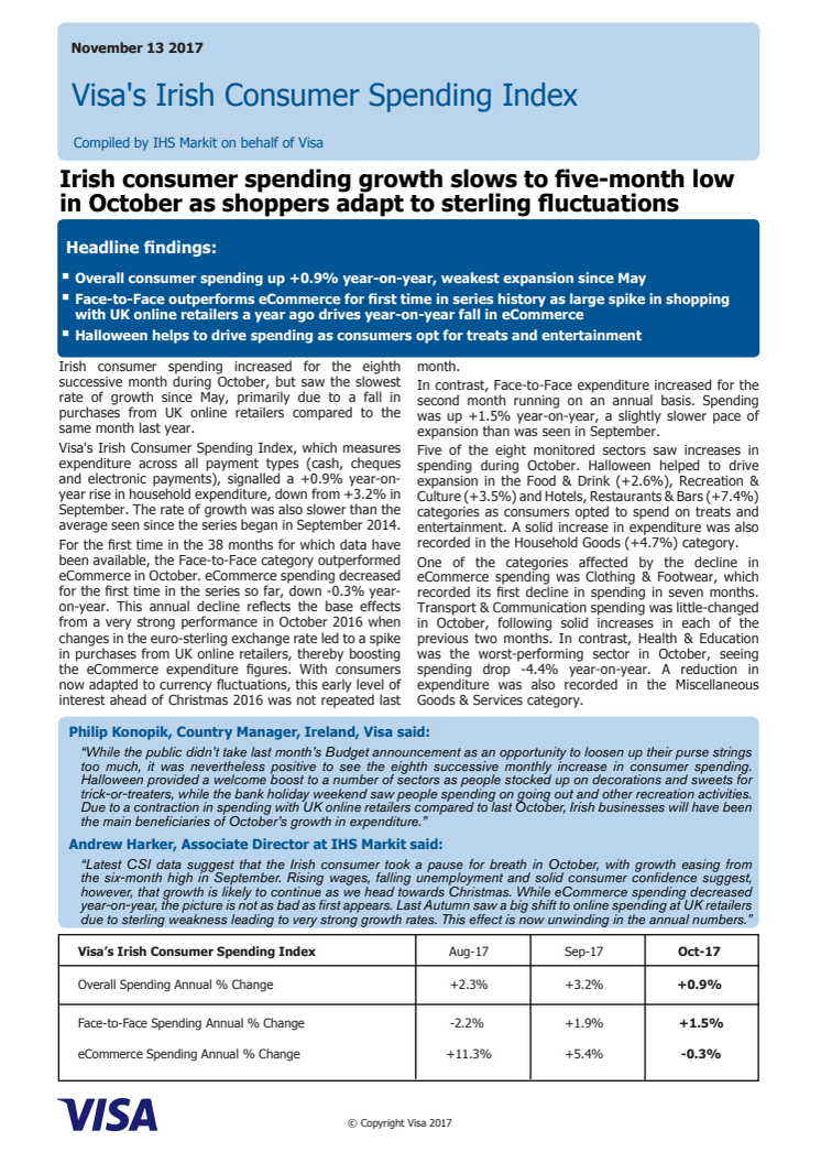 Irish consumer spending growth slows to five-month low in October as shoppers adapt to sterling fluctuations 