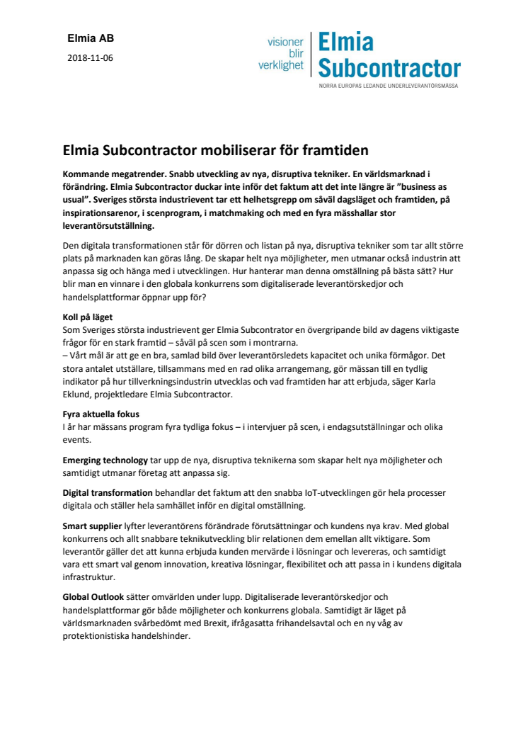 Elmia Subcontractor mobiliserar för framtiden
