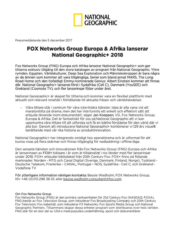 FOX Networks Group Europa & Afrika lanserar National Geographic+ 2018