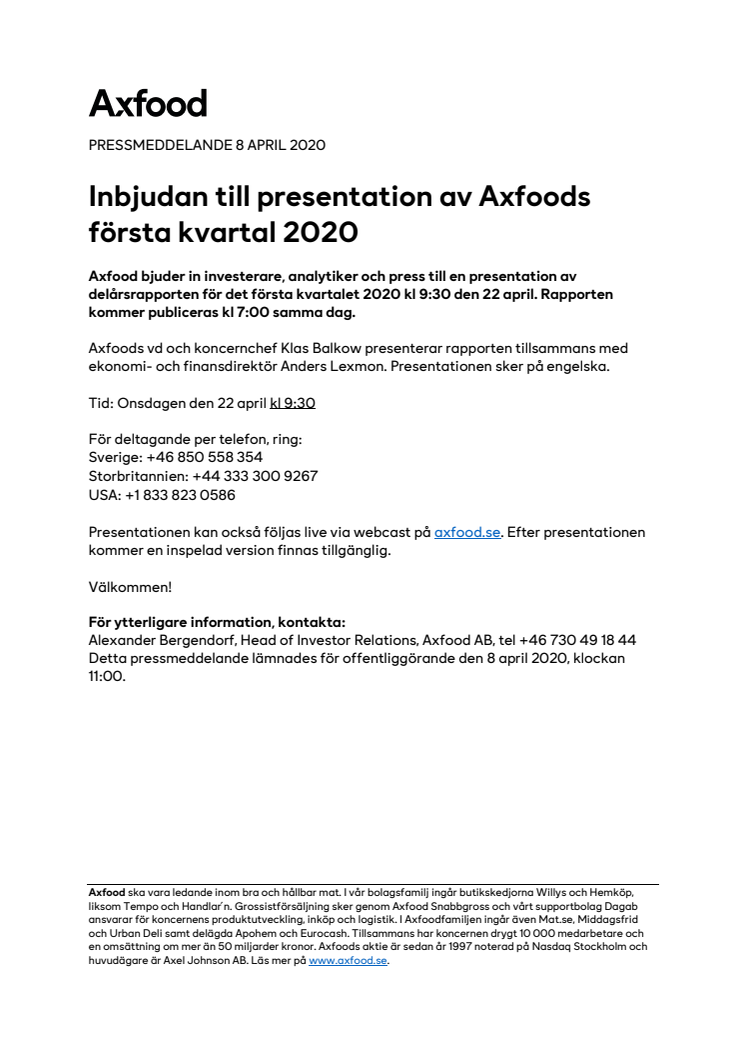 Inbjudan till presentation av Axfoods första kvartal 2020