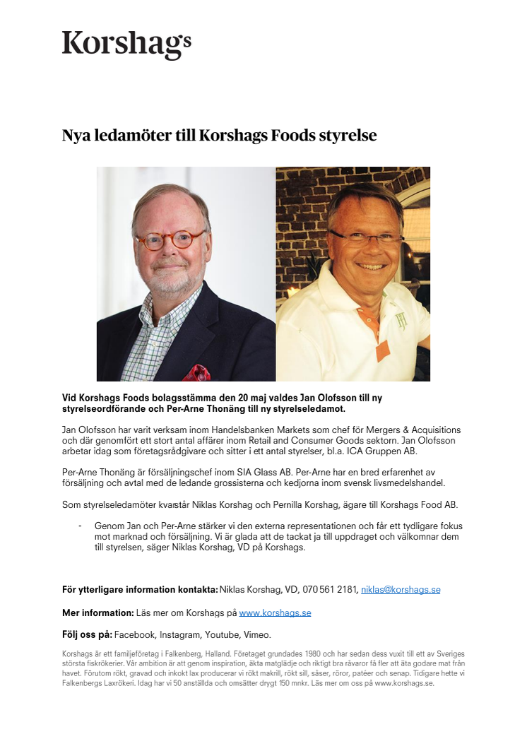 Nya ledamöter till Korshags Foods styrelse