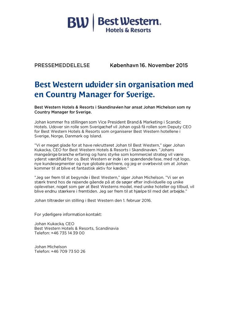 Best Western udvider sin organisation med en Country Manager for Sverige.