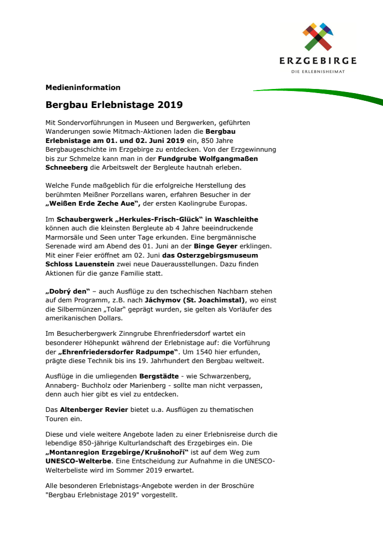 Bergbau Erlebnistage am 01. und 02. Juni 2019 