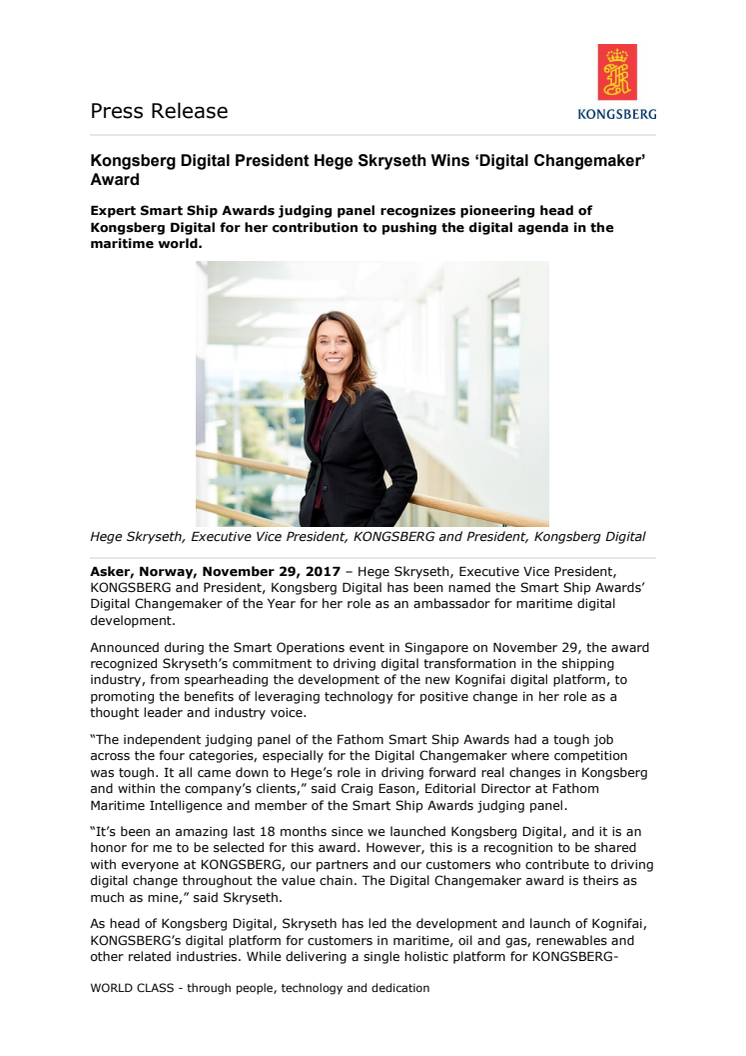 Kongsberg Digital President Hege Skryseth Wins ‘Digital Changemaker’ Award 