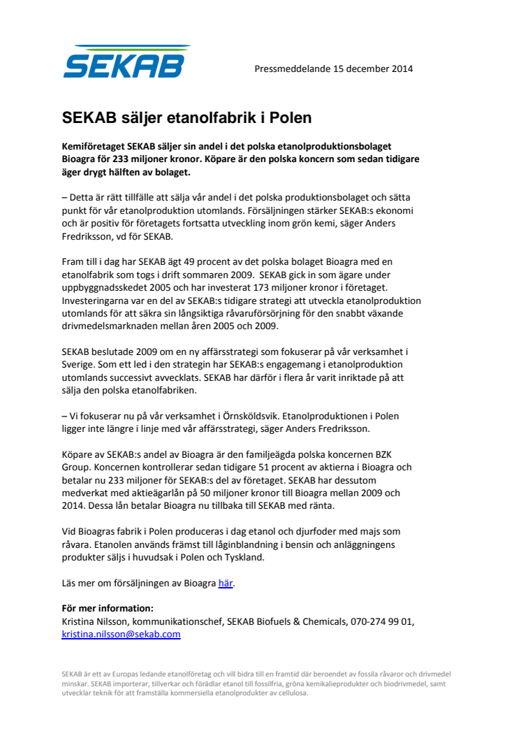 SEKAB säljer etanolfabrik i Polen
