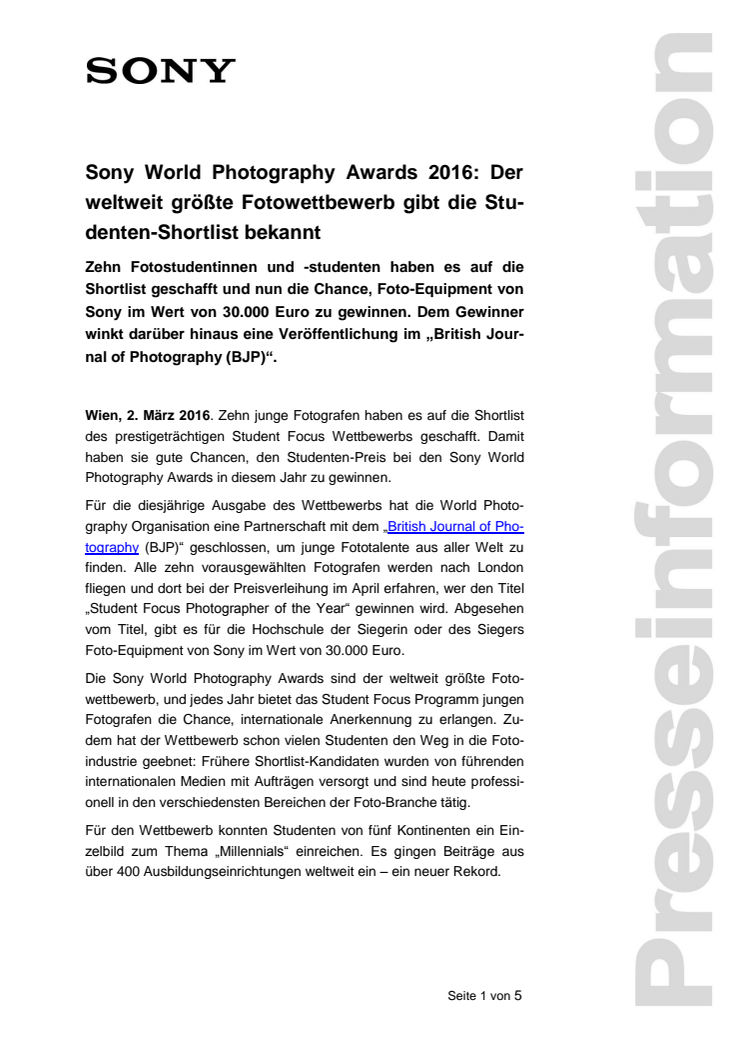 Sony World Photography Awards 2016: Der weltweit größte Fotowettbewerb gibt die Studenten-Shortlist bekannt  