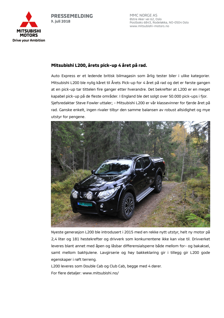 Mitsubishi L200, årets pick-up 4 året på rad.