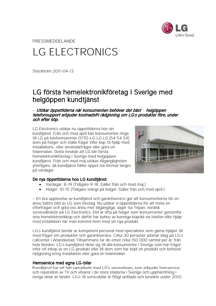LG första hemelektronikföretag i Sverige med helgöppen kundtjänst