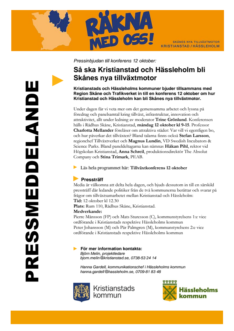 Pressinbjudan till konferens 12 oktober: Så ska Kristianstad och Hässleholm bli Skånes nya tillväxtmotor