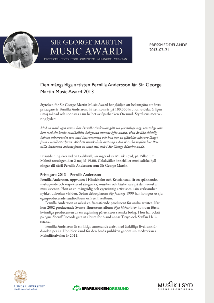 Den mångsidiga artisten Pernilla Andersson får Sir George Martin Music Award 2013