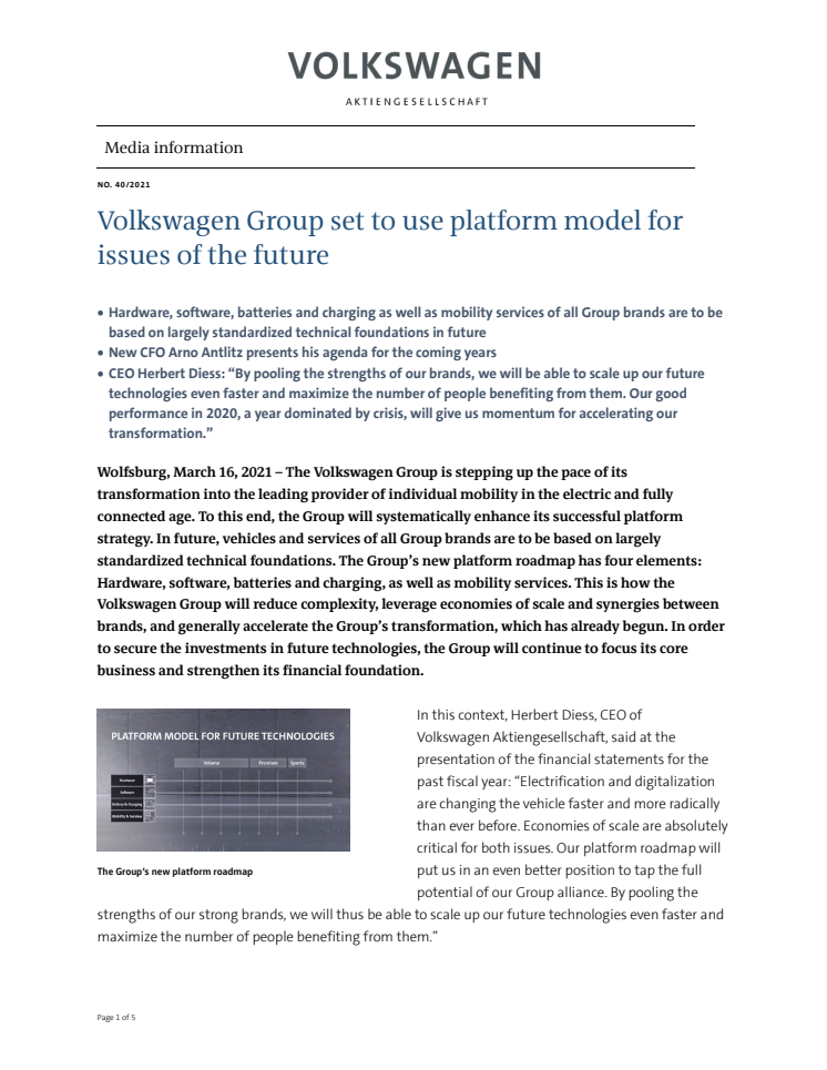 PM Volkswagen Group set to use platform model for issues of the future
