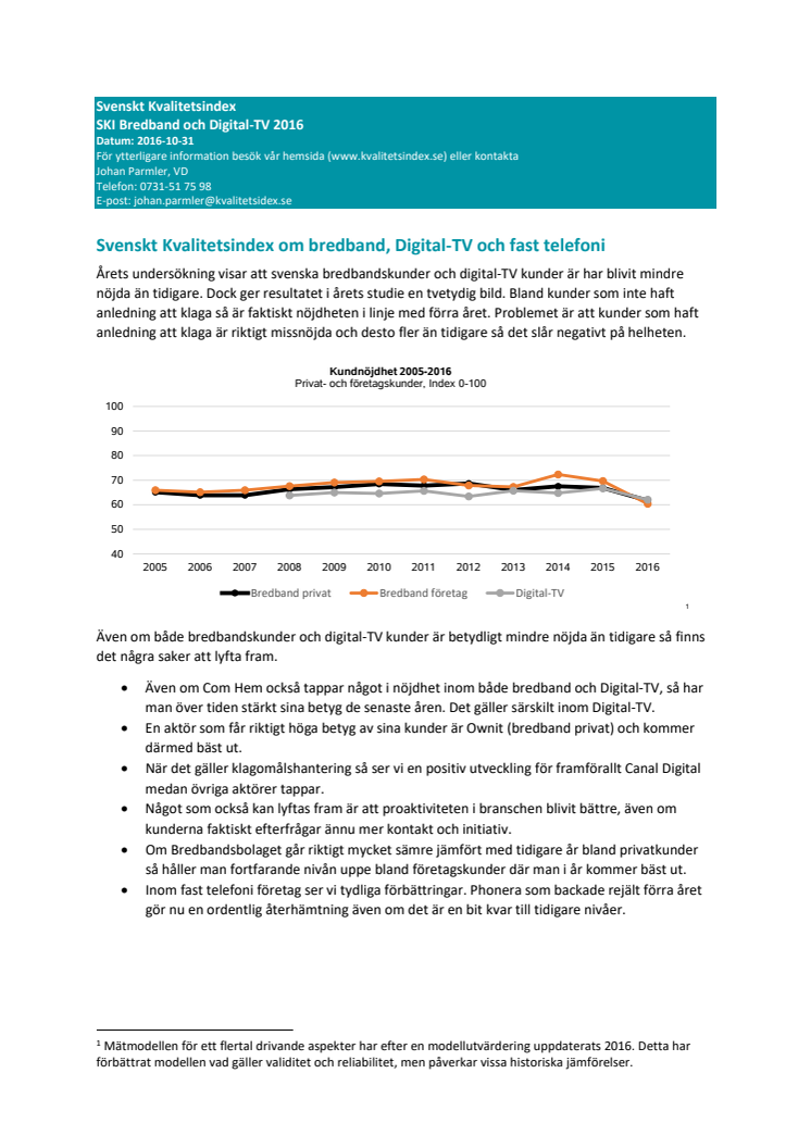 Svenskt Kvalitetsindex om bredband, Digital-TV och fast telefoni 2016