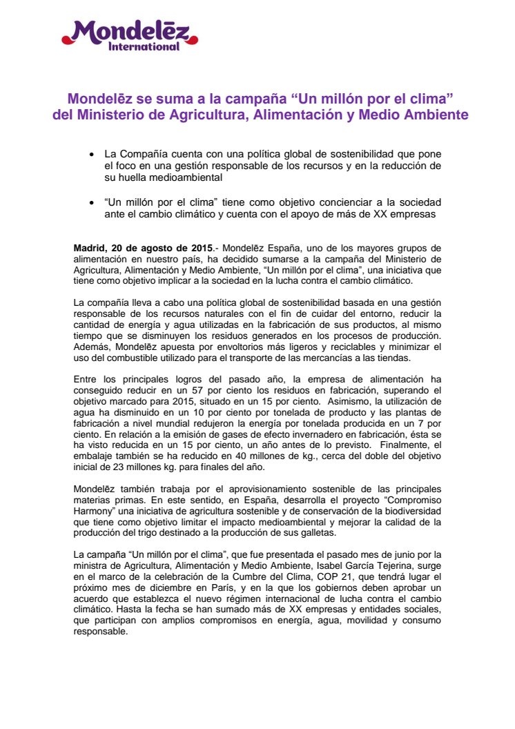 Mondelēz se suma a la campaña “Un millón por el clima” del Ministerio de Agricultura, Alimentación y Medio Ambiente