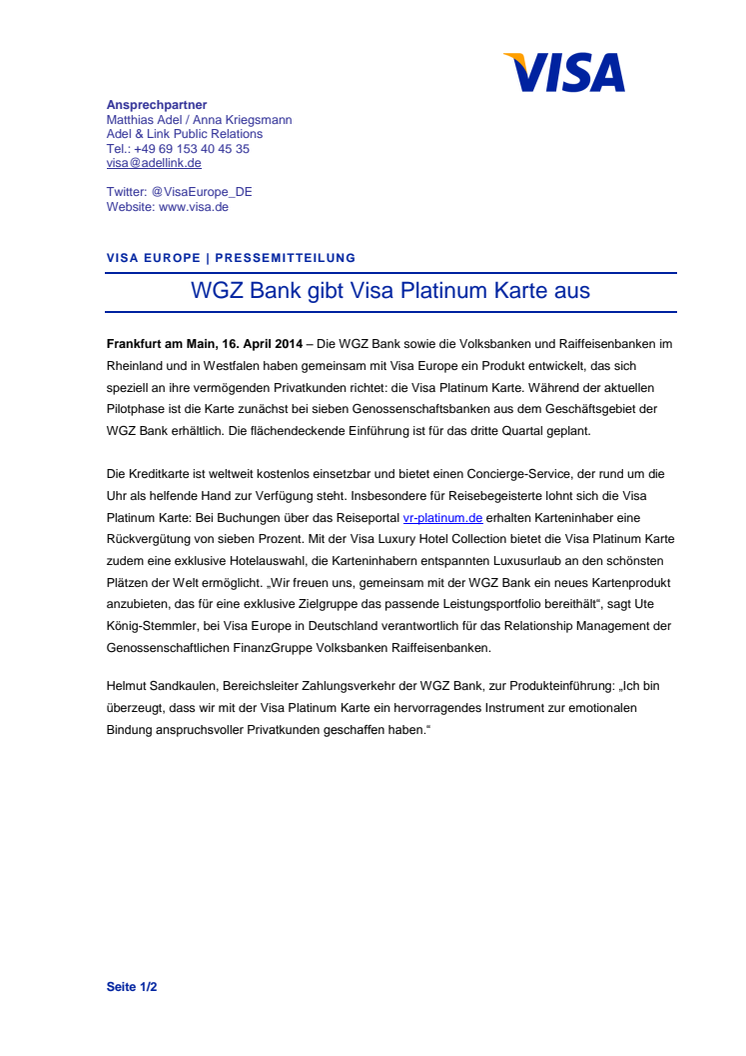 WGZ Bank gibt Visa Platinum Karte aus
