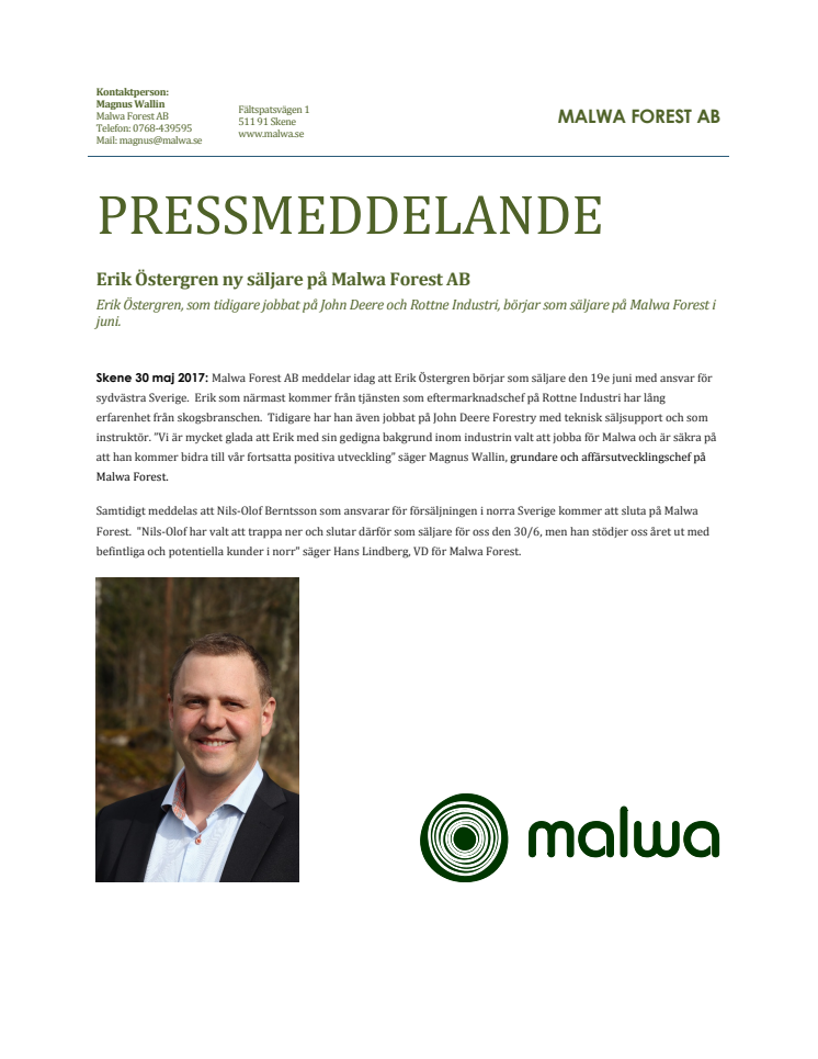Erik Östergren ny säljare på Malwa Forest AB