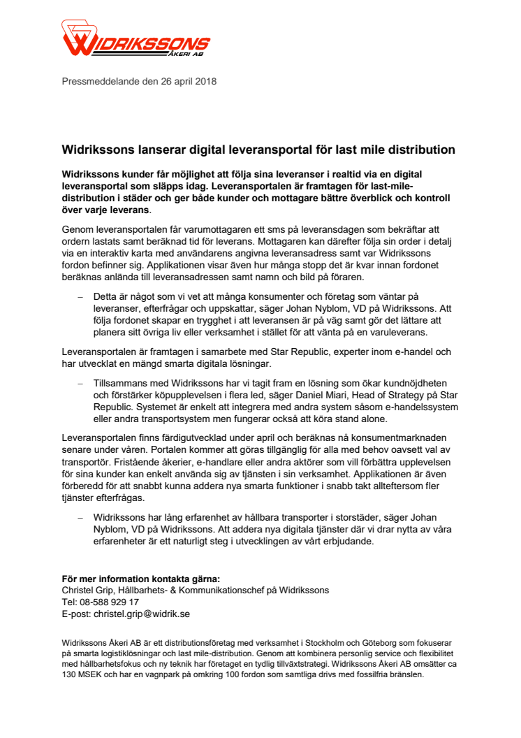 Widrikssons lanserar digital leveransportal för last mile distribution