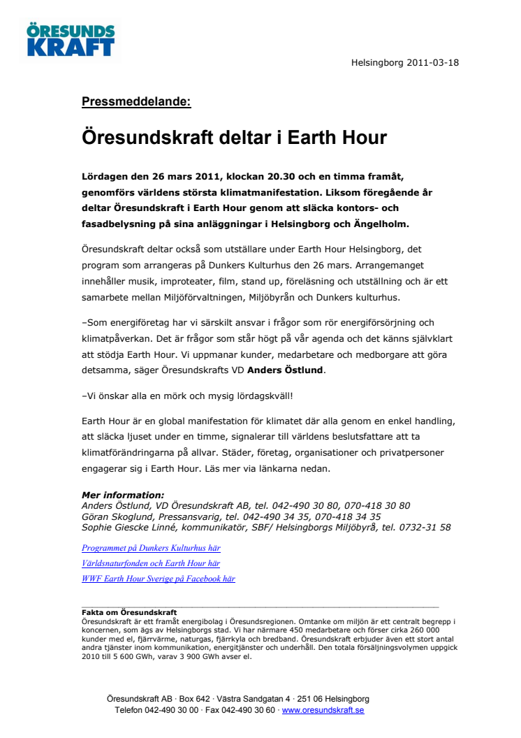 Öresundskraft deltar i Earth Hour 