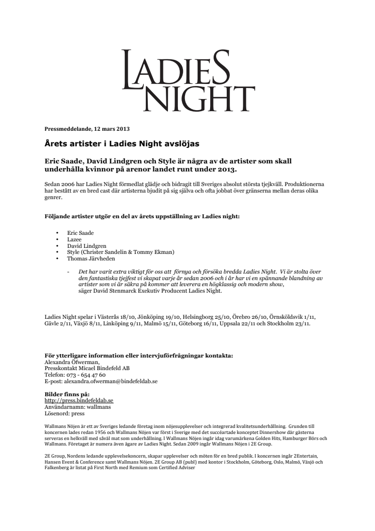 Årets artister i Ladies Night avslöjas