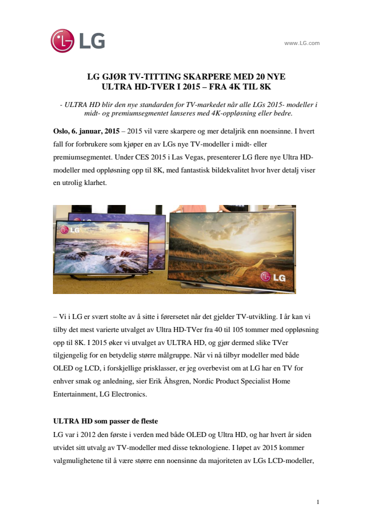 LG GJØR TV-TITTING SKARPERE MED 20 NYE  ULTRA HD-TVER I 2015 – FRA 4K TIL 8K