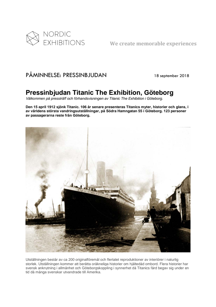 Påminnelse: Pressinbjudan Titanic The Exhibition, Göteborg