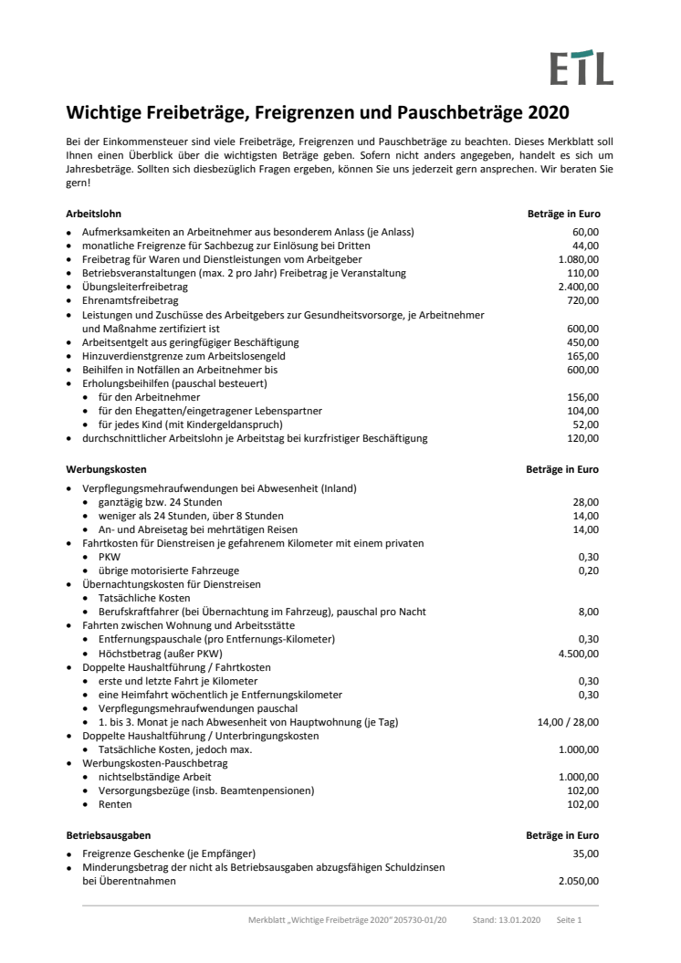 Wichtige Freibeträge, Freigrenzen und Pauschbeträge 2020