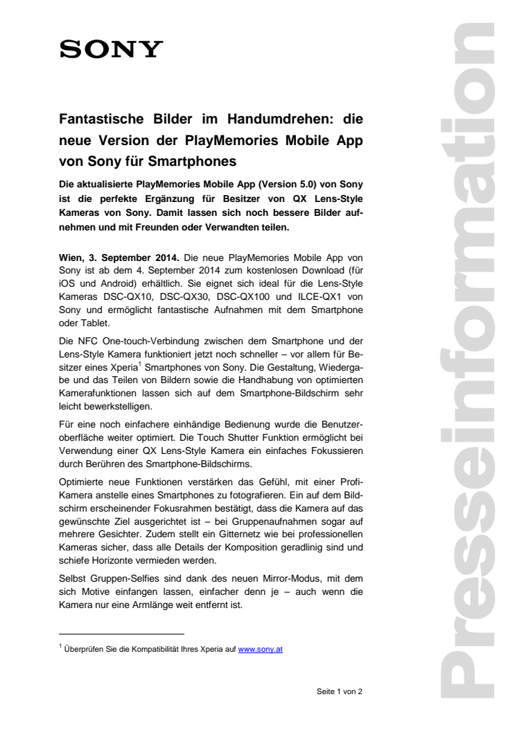 Pressemitteilung "Fantastische Bilder im Handumdrehen: die neue Version der PlayMemories Mobile App von Sony für Smartphones"
