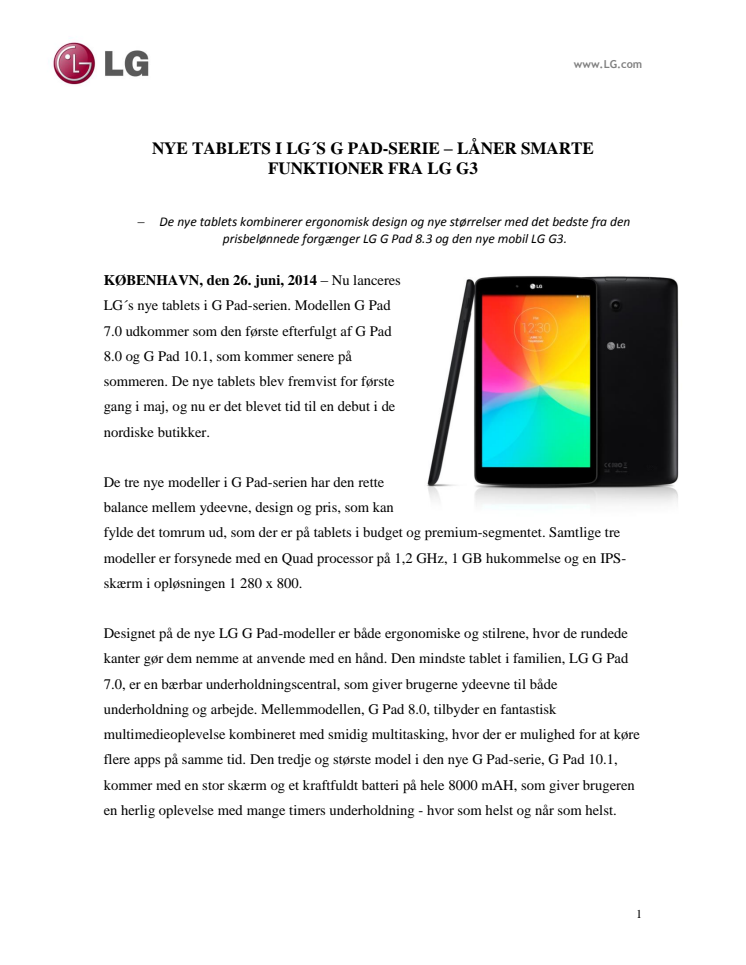 NYE TABLETS I LG´S G PAD-SERIE – LÅNER SMARTE FUNKTIONER FRA LG G3