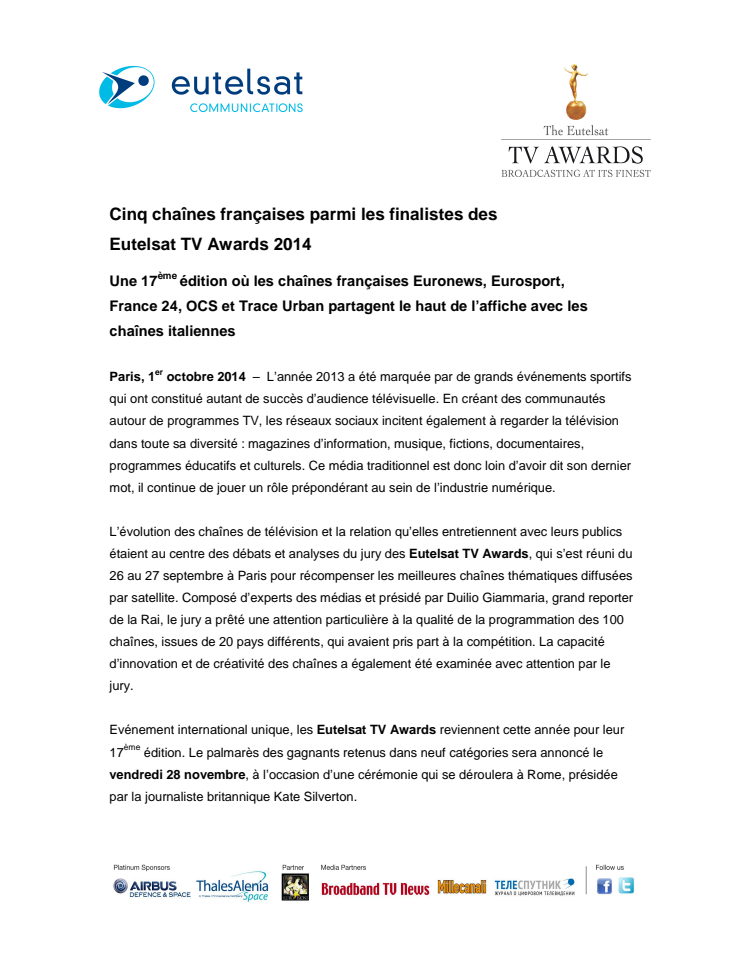 Cinq chaînes françaises parmi les finalistes des Eutelsat TV Awards 2014