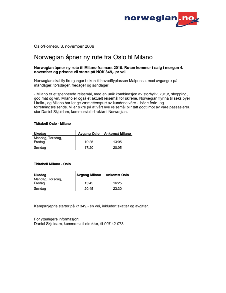 Norwegian åpner ny rute til Milano