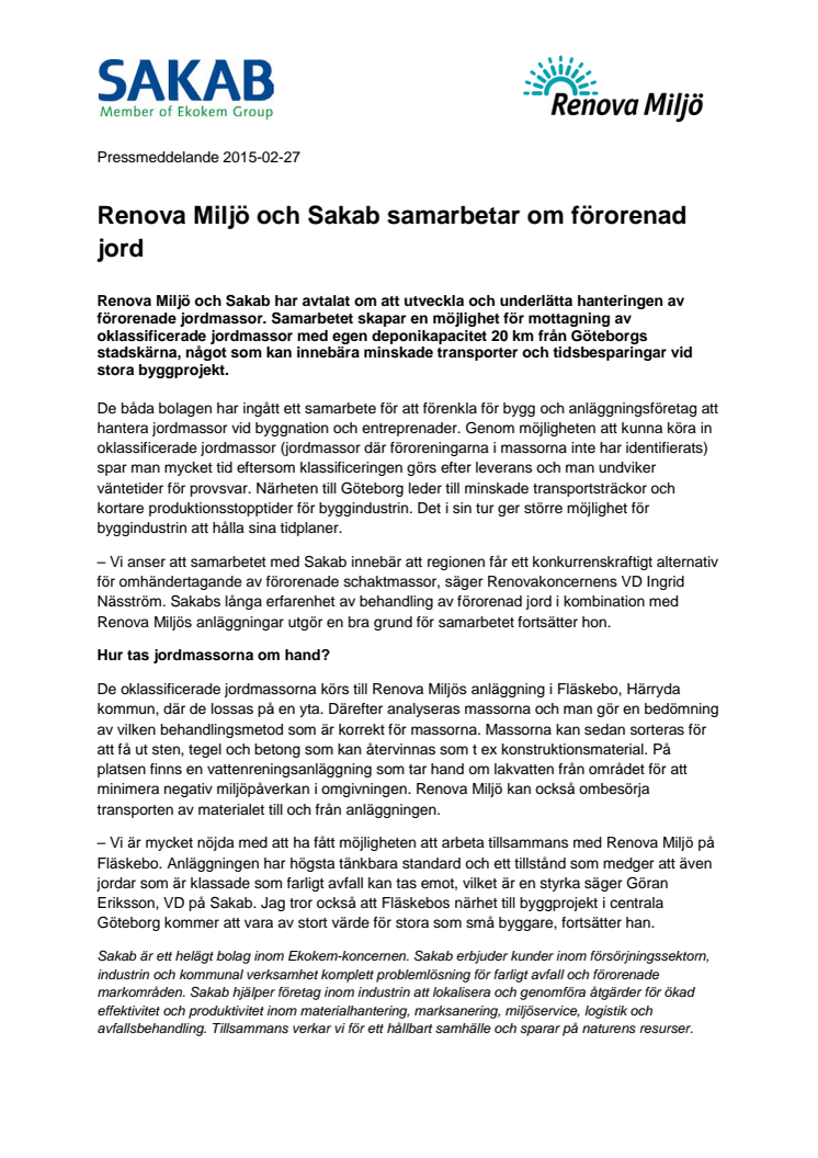 ​Renova Miljö och Sakab samarbetar om förorenad jord