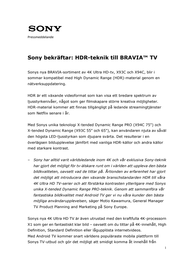 Sony bekräftar: HDR-teknik till BRAVIA™ TV