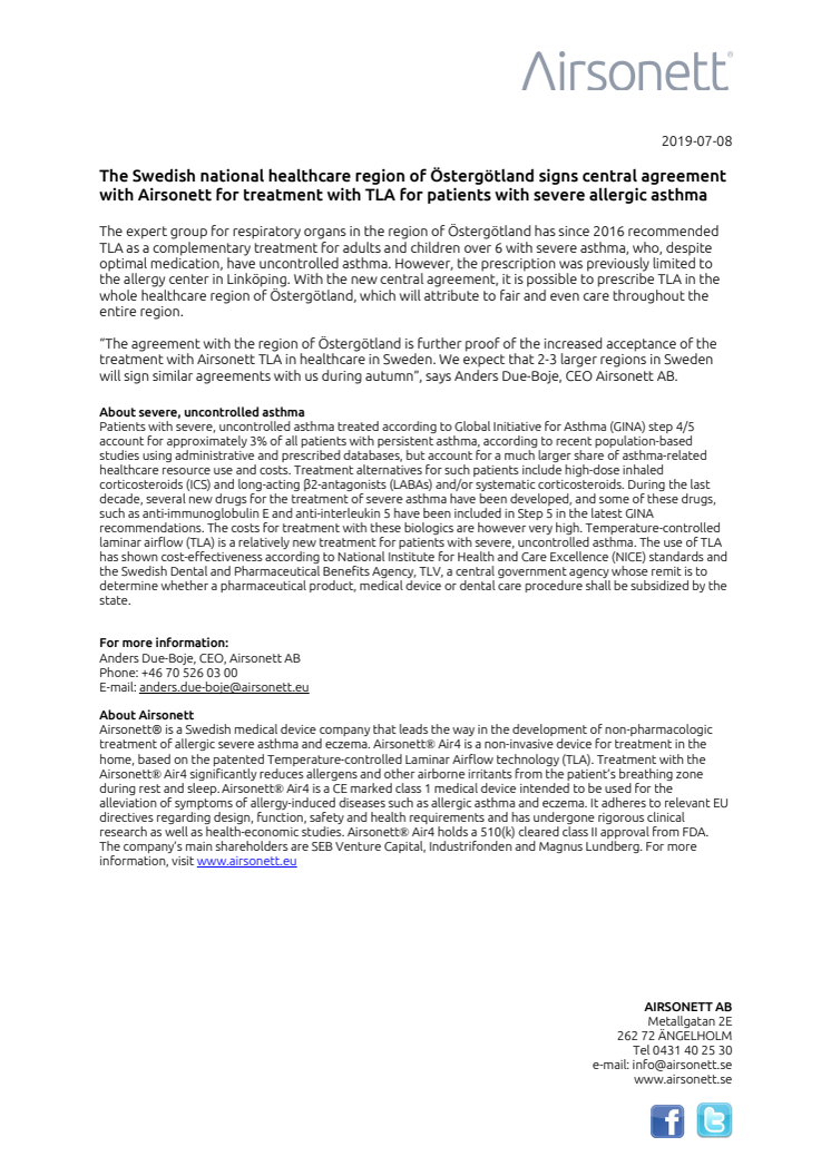The Swedish national healthcare region of Östergötland signs central agreement with Airsonett for treatment with TLA for patients with severe allergic asthma