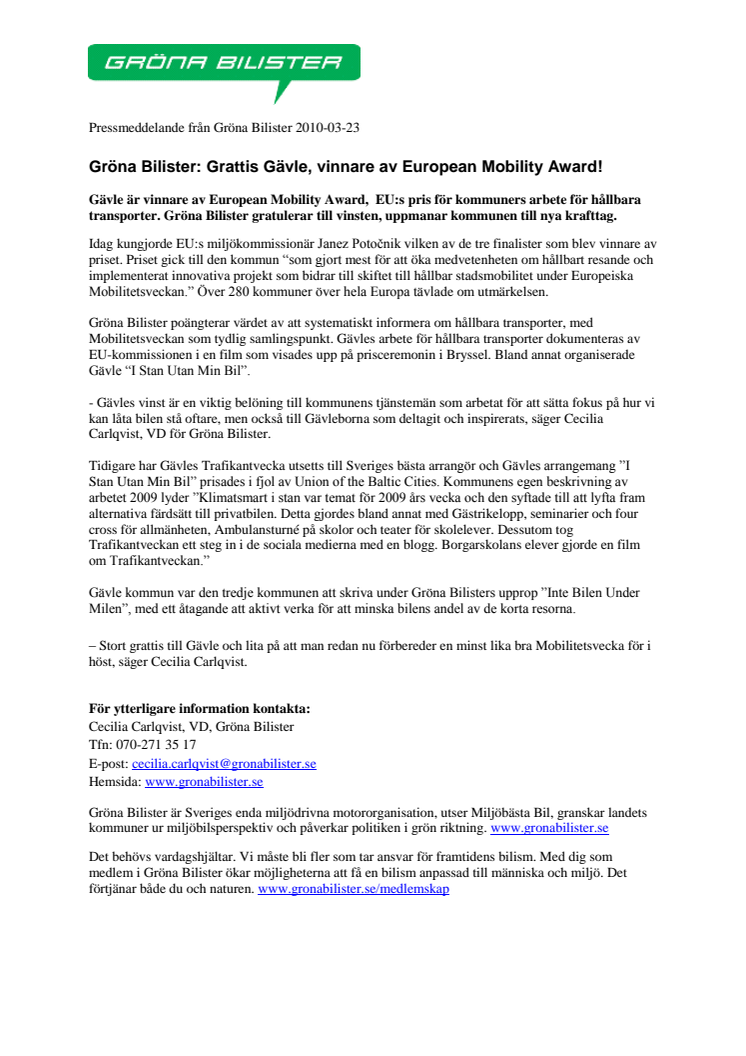 Gröna Bilister: Grattis Gävle, vinnare av European Mobility Award!